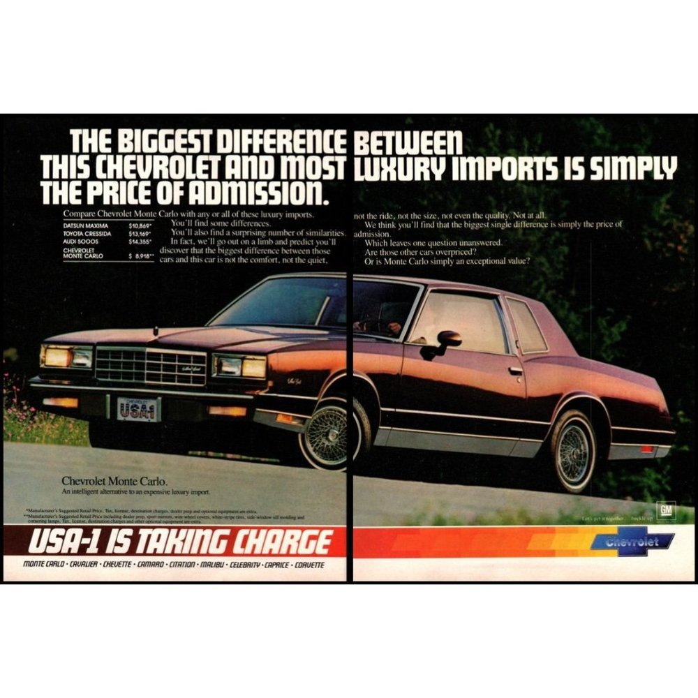 1983 Chevy Monte Carlo 2 Page Vintage Print Ad USA-1 Wall Art Photo Man Cave